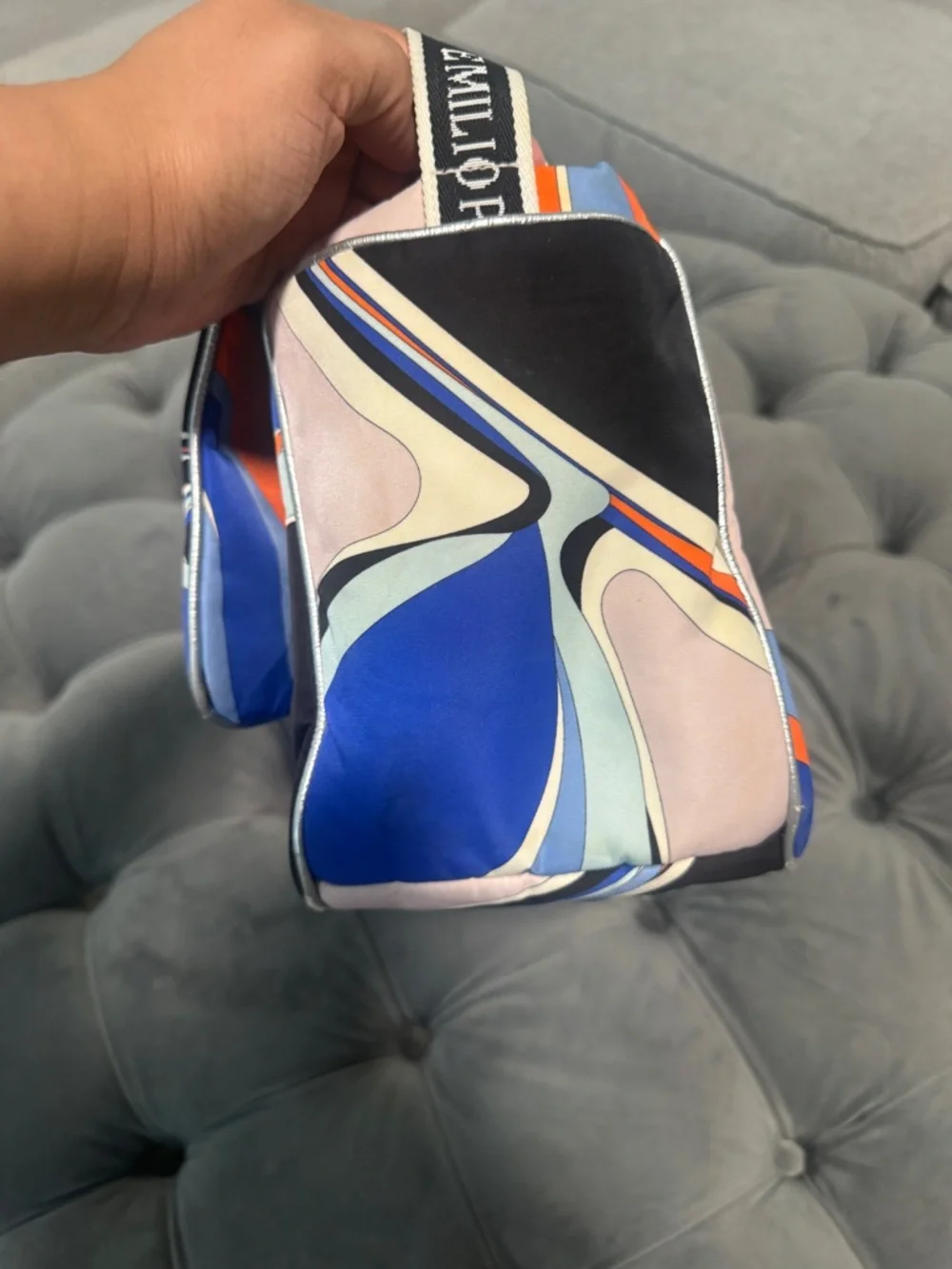 Emilio Pucci Black Diaper Bag with Blue & Orange Swirl Print